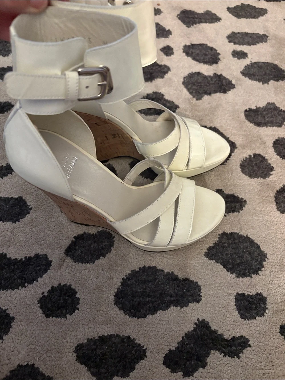 Stuart Weitzman Cream Patent Leather Strappy Ankle-Heel Sandals